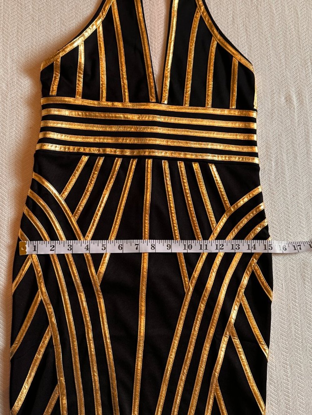 CARBON JEANS COMPANY Art Deco Black & Gold Metallic Halter Mini Dress Sz M NWT - Picture 7 of 14